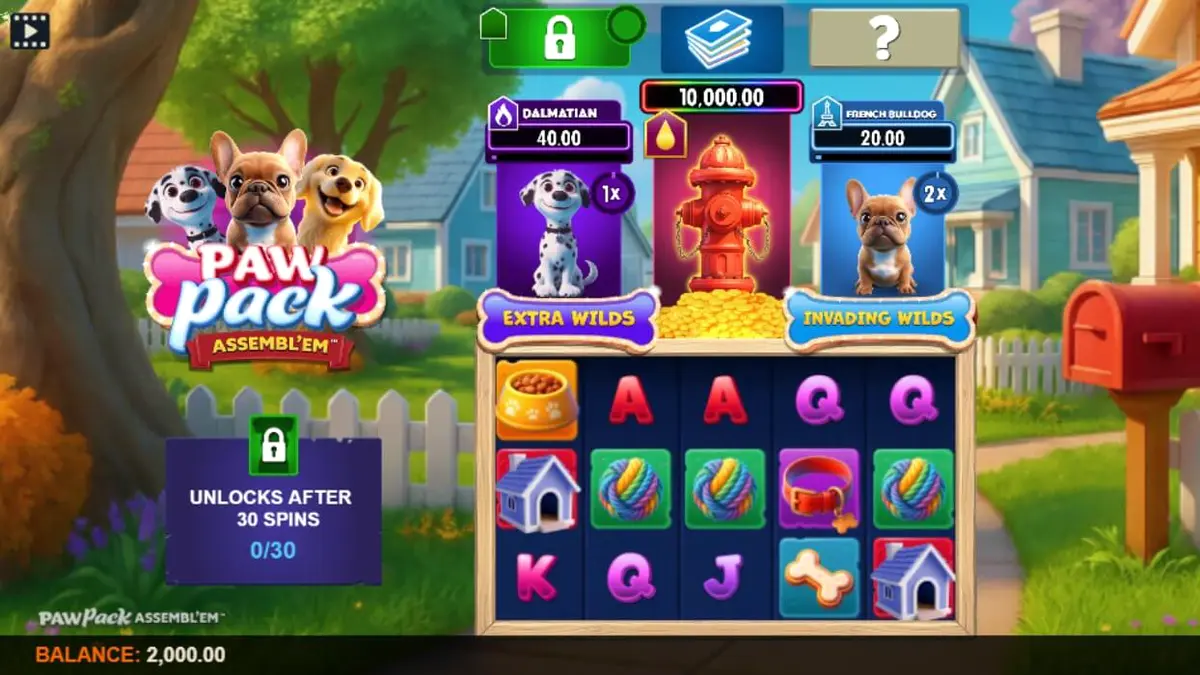 Tampilan visual ceria dari slot Paw Pack Assembl’Em dengan karakter anjing kartun