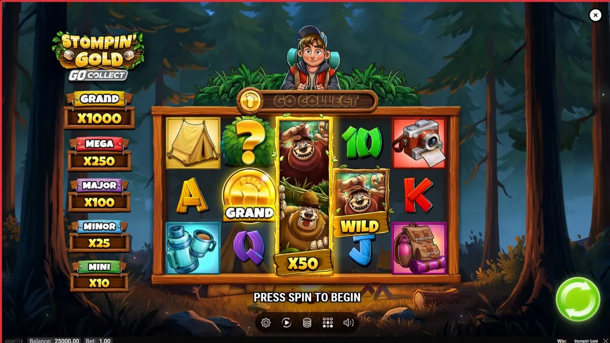 Pemandangan hutan petualangan dalam slot Stompin’ Gold GO Collect